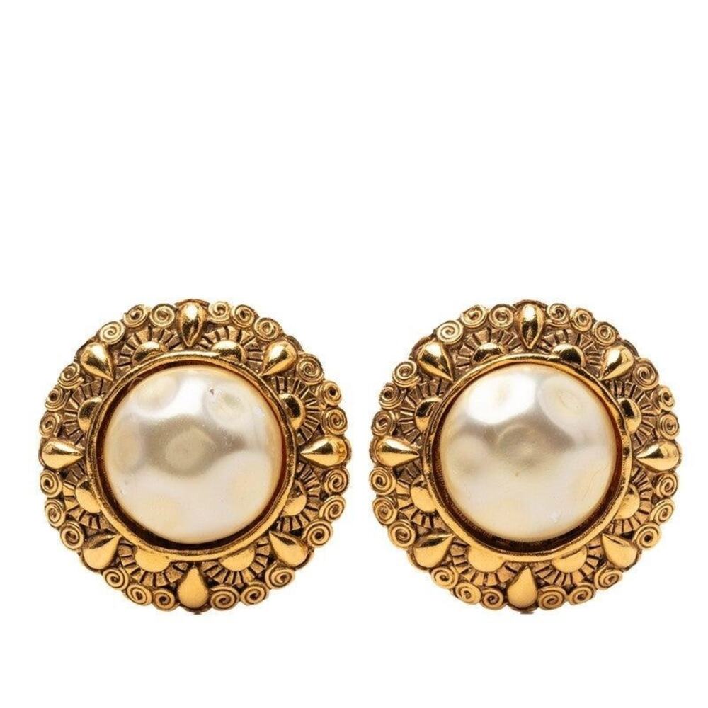 Chanel Round Gold Plated Faux Pearl Earrings